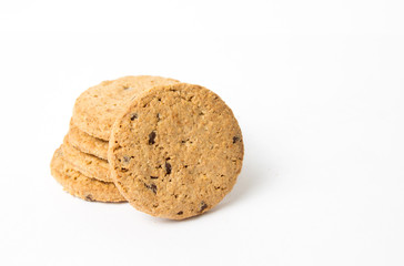 Fototapeta na wymiar Integral cookies with chocolate pieces on white