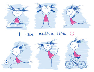 Young girl in variouse sport lifestyle.Vector doodle hand draw illustrations