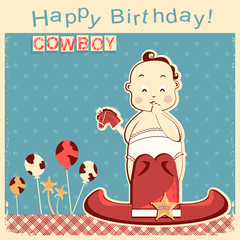 Cowboy happy birthday card with little baby