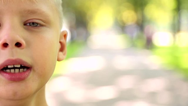 Closeup portrait of happy smiling cute boy with short blond hair. Caucasian child posing for camera in city park on beautiful sunny summer day. Real time full hd video footage with copy space.