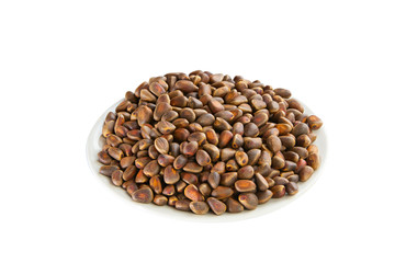 small pine nuts on plate in the shell on white background