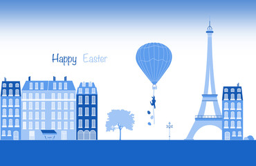 Happy Easter. Rabbit hanging on hot air balloon with cityscape of Paris.