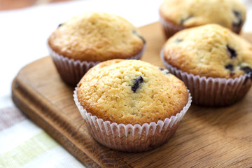 Homemade muffins with blueberries on a wooden board