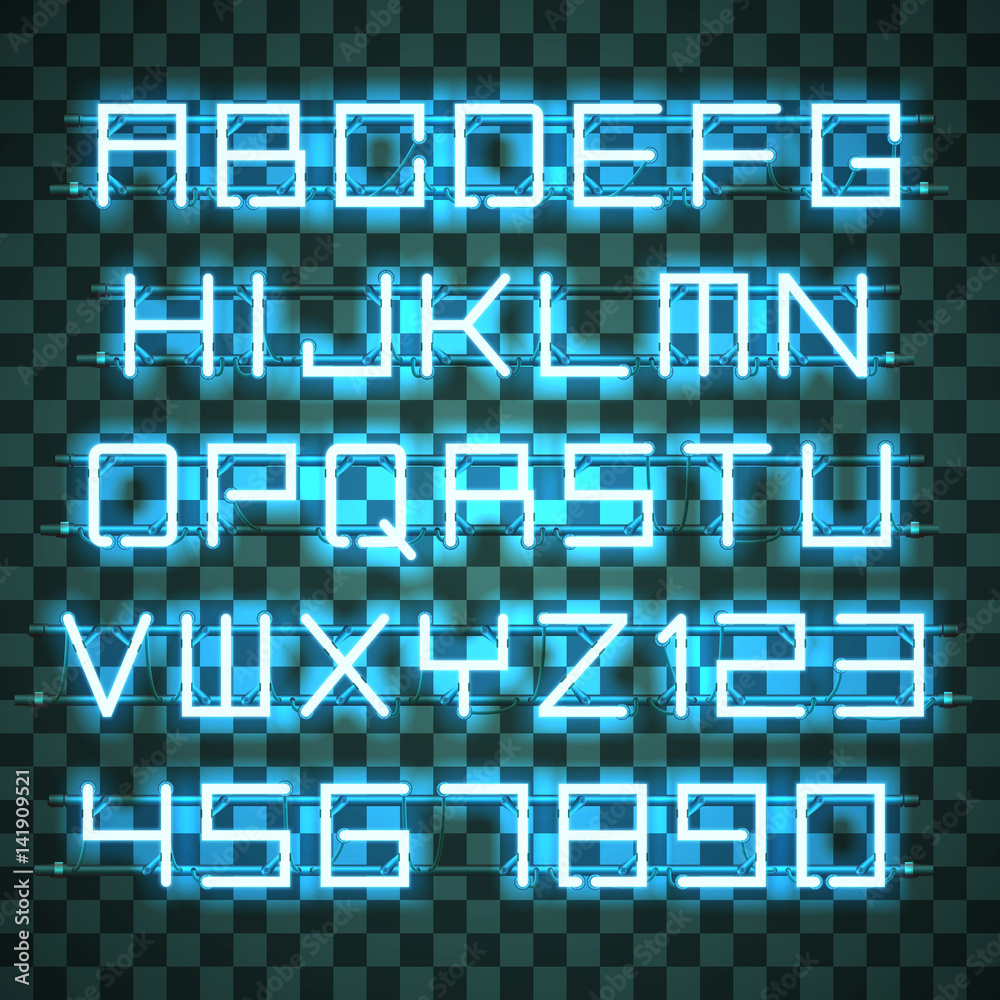 Wall mural glowing azure neon alphabet with letters from a to z and digits from 0 to 9 with wires, tubes, brack