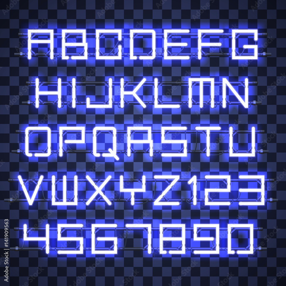 Wall mural glowing blue neon alphabet with letters from a to z and digits from 0 to 9 with wires, tubes, bracke
