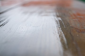Wet wooden table during rain. Slovakia