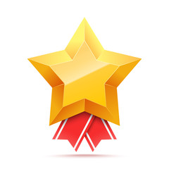 3D Gold star medal and red ribbon.