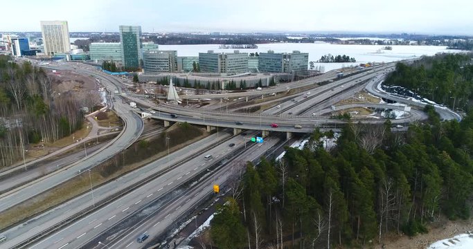 Traffic on route 51 Keilaniemi, Cinema 4k aerial view of route 51 the l&auml;nsi-v&auml;yl&auml; ,at keilaniemi business center, on a sunny winter day, in espoo, Finland