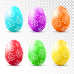 Colorful easter eggs with flower pattern isolated on transparent background. Vector illustration.