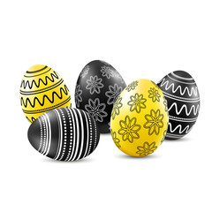 Black and yellow eggs with pattern isolated on white background. Happy easter card template. Vector illustration.