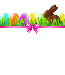 Easter background with colorful eggs, grass, chocolate rabbit and bow. Vector illustration.
