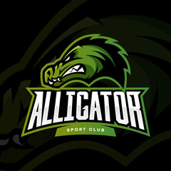 Obraz premium Furious alligator sport vector logo concept isolated on dark background. Professional team predator badge modern design. Premium quality wild animal t-shirt tee print illustration.