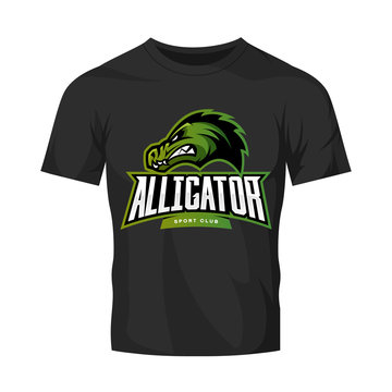 Furious alligator sport vector logo concept isolated on black t-shirt mockup. Modern predator professional team badge design.
Premium quality wild animal t-shirt tee print illustration.