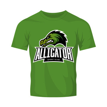 Furious alligator sport vector logo concept isolated on green t-shirt mockup. Modern predator professional team badge design.
Premium quality wild animal t-shirt tee print illustration.