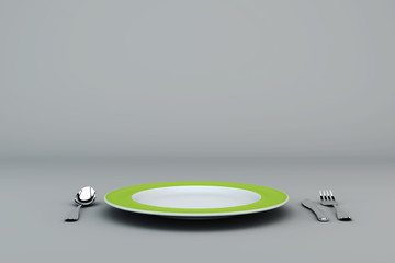 Photorealistic Empty Green plate with spoon, knife and fork on grey background