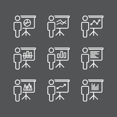 Training and presentation set icons. Vector Illustration, flat style