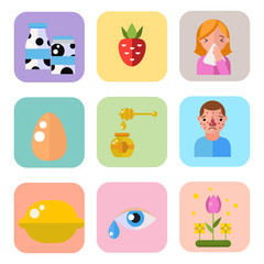 Allergy symbols disease healthcare tablets viruses and health flat label people with illness allergen symptoms disease information vector illustration.