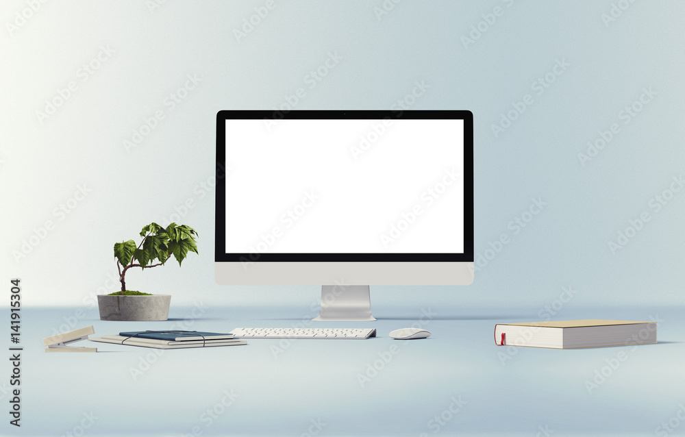 Wall mural desktop with blank white computer screen. mock up