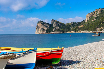 Naklejka na ściany i meble Sea landscape with boats in foreground
