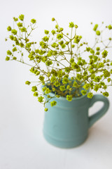 Small yellow green flowers in blue pitcher or jug on white background, top view, pastel colors, minimalist clean style, for blogging, social media