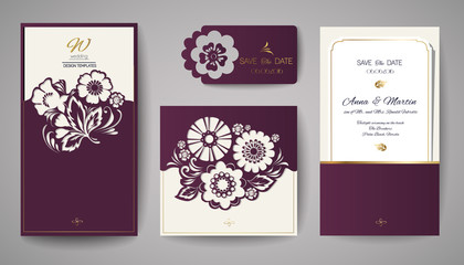 Set of Wedding Floral Invitation. Template for laser cutting. Vector illustration. - 141916366