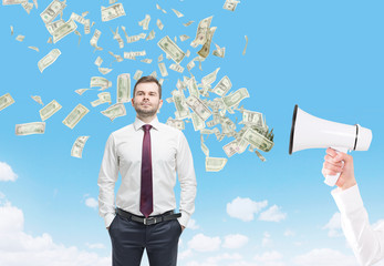 Man, megaphone and dollars