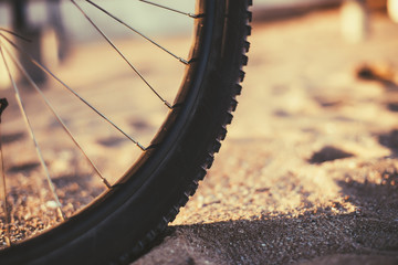 Fototapeta premium A wheel of a bicycle. Blurred background. Close-up