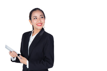 Young woman holding using touch pad tablet computer, isolated on white background, model is a asian beauty