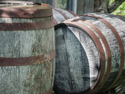Old rusted wine barrels outside
