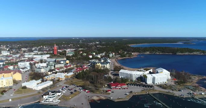 Hanko city, Cinema 4k aerial rising view of the cityscape, from itasatama, on a sunny spring day, in Hango, Finland
