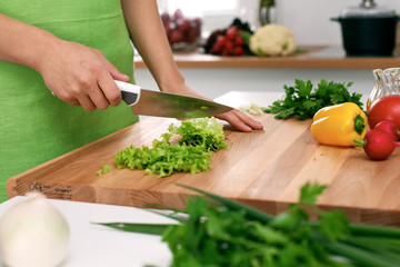 Close up of  woman's hands cooking in the kitchen. Housewife slicing ​​fresh salad. Vegetarian and healthily cooking concept