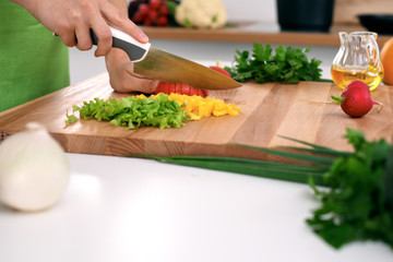 Close up of  woman's hands cooking in the kitchen. Housewife slicing ​​fresh salad. Vegetarian and healthily cooking concept