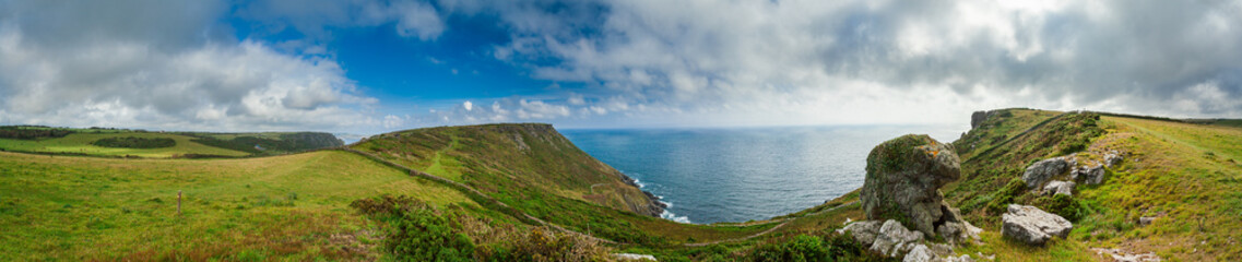 Panoramic view from The South West Coast Path near Hope Cove, Bolberry and Cop Soar, Devon, England, UK