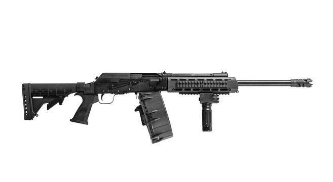AK-47 12 Guage Shotgun with Drum Magazine Isolated on White Background Right