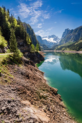 Naklejka na ściany i meble Blue sky and mountain lake in Gosau, Alps, Austria, Europe