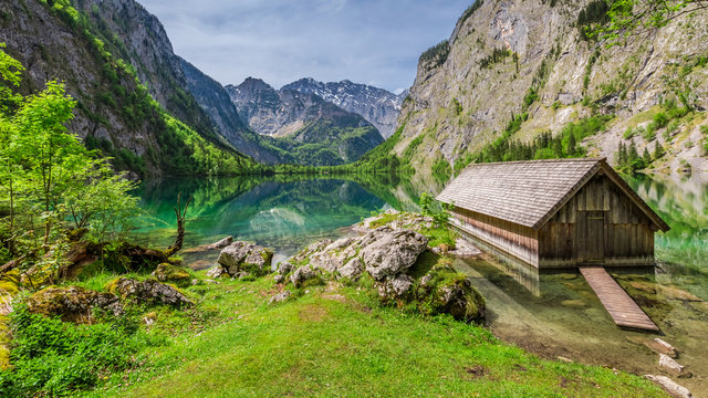 Little hut at the lake Obersee in Alps, Europe