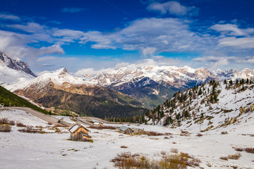 Stunning view to mountains Dolomites and road, Italy, Europe