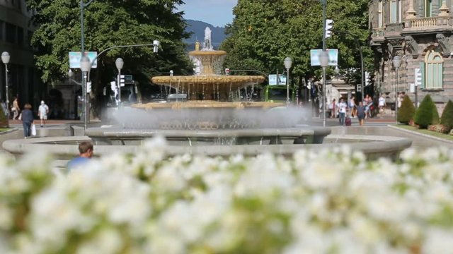 Plaza Moyua square in Bilbao decorated with beautiful flowers and fountain