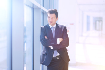 Portrait of businessman standing near window in office