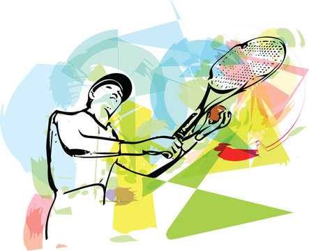 Sketch of one man tennis player at service serving silhouette