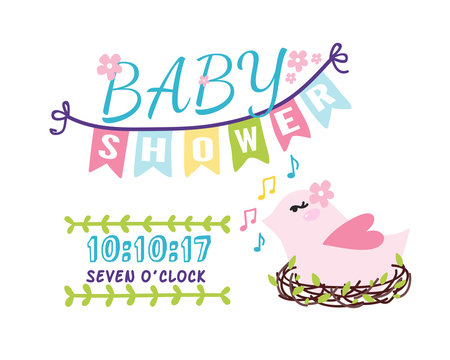 Baby shower badge happy mothers day logotype pink bird sticker stamp icon frame and card design doodle vintage hand drawn element vector illustration.