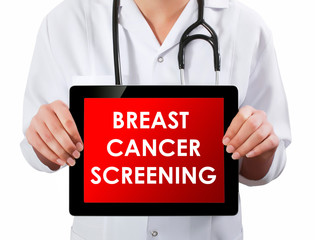 Doctor showing digital tablet screen.Breast cancer screening