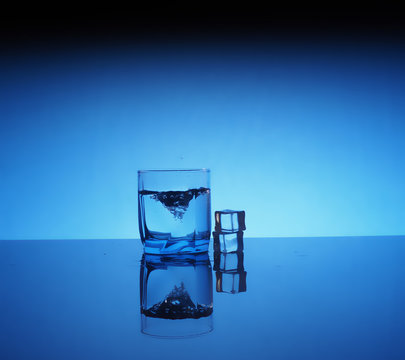 Glass of mineral clear water with ice