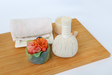 Spa herbal compressing ball with towels and Salt Scrub, Spa concept background