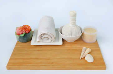 Spa herbal compressing ball with towels and Salt Scrub, Spa concept background