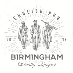 Retro peaky logo. Men in hats with blinders illustration. Gangsters vintage poster. English pub insignia. Birmingham gang vector design