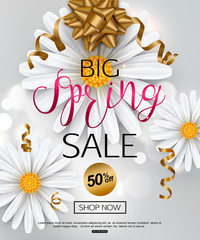 Elegant spring sale banner with chamomile flower for online magazines, womens shopping