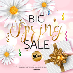 Pink spring sale banner with chamomile flower, realistic gift box, gold ribbon confetti. Vector illustration