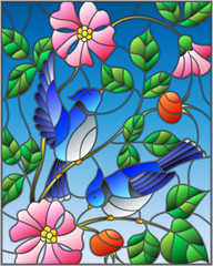 Fototapeta na wymiar Illustration in stained glass style with two blue jays on the branches of blooming wild rose on a background sky