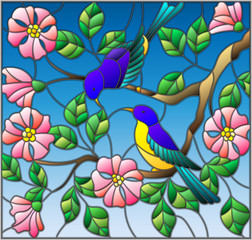 Illustration in stained glass style with two two bright birds on the branches of blooming wild rose on a background sky